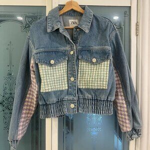 Zara Cropped Denim Jacket with Houndstooth Details NWOT